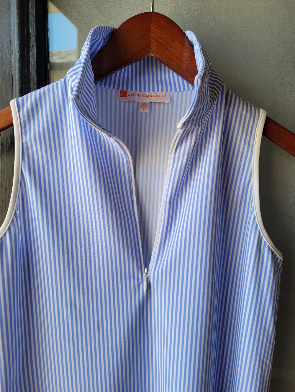 Blue White Striped Seeveless Polo Top Jude Connally XS Made in USA Zip Collard - Picture 7 of 11